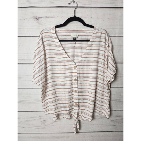 Universal Thread Womens Twist Front Top Off White Brown Striped Short Sleeve XXL - Picture 1 of 6